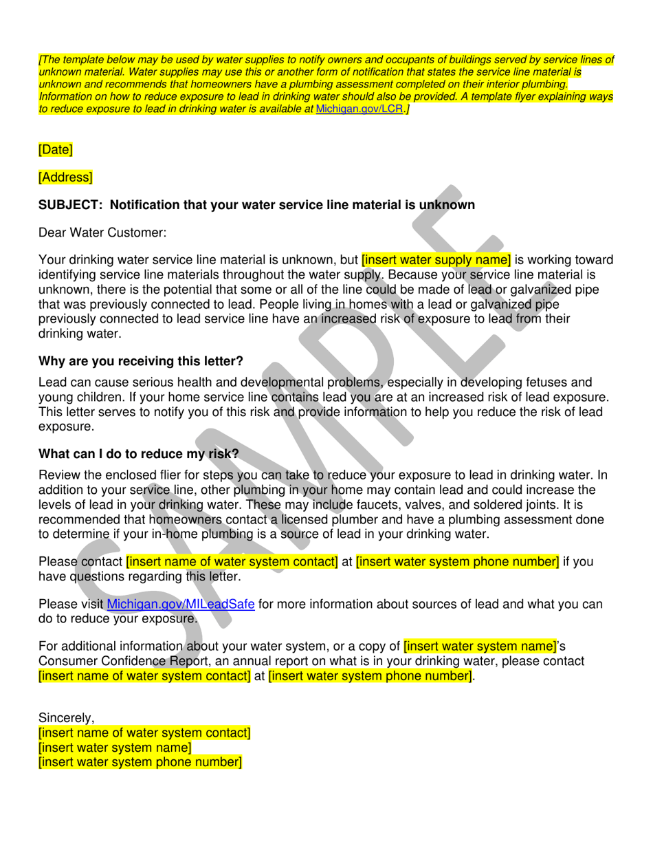 Template of Unknown Service Line Material - Sample - Michigan, Page 1