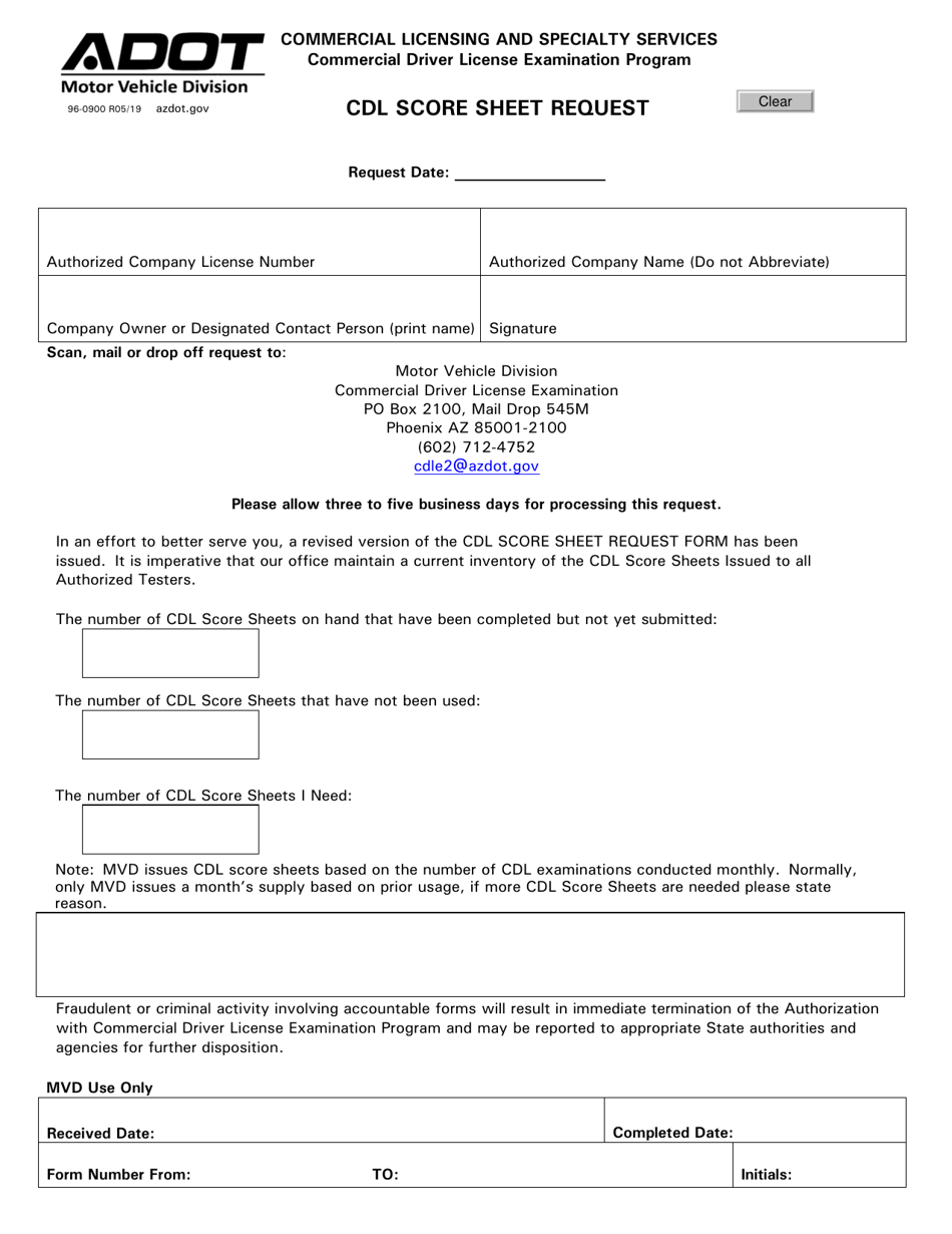 Form 96-0900 Cdl Score Sheet Request - Arizona, Page 1