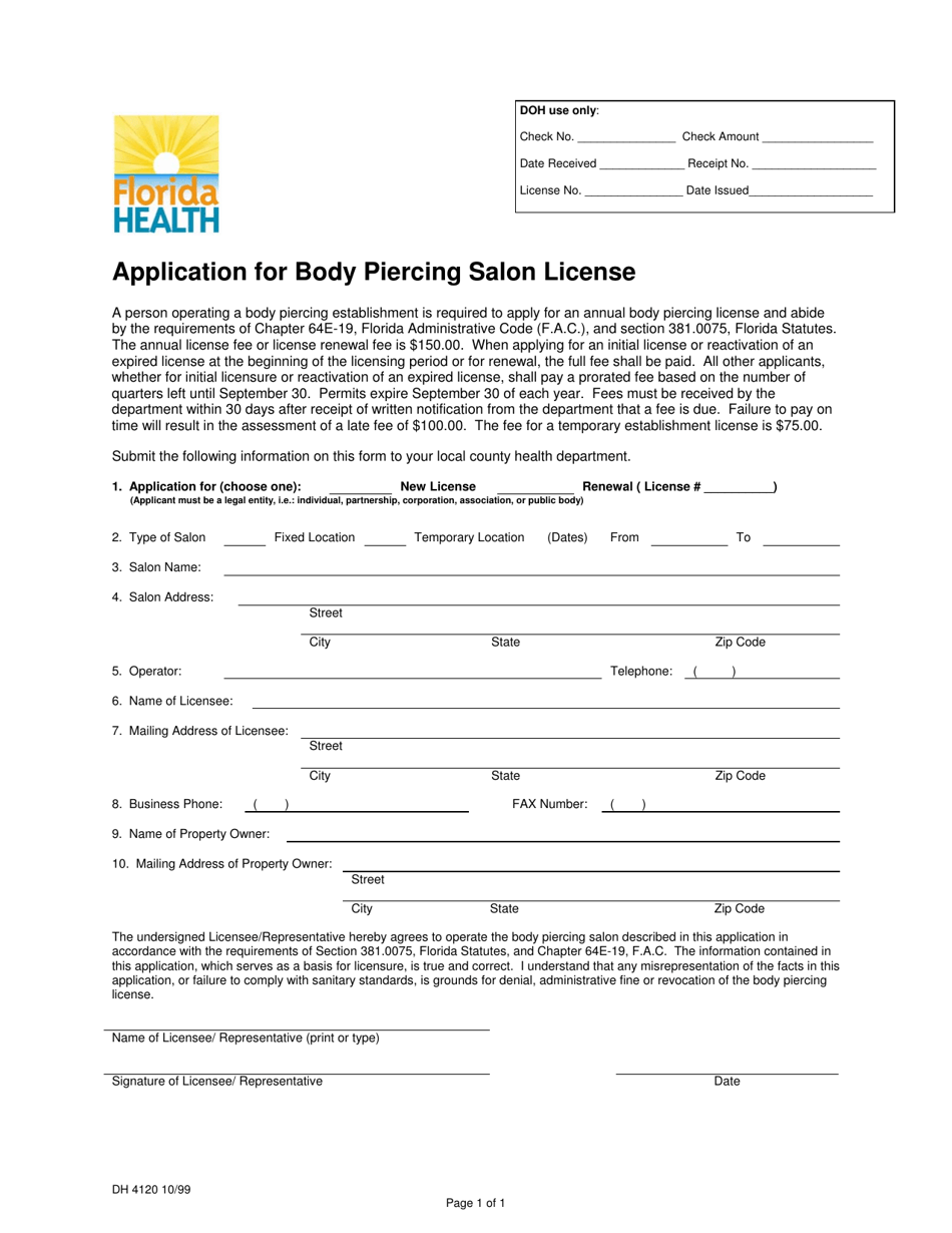Form DH4120 Application for Body Piercing Salon License - Florida, Page 1