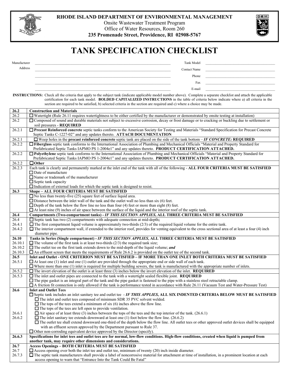 Tank Specification Checklist - Rhode Island, Page 1