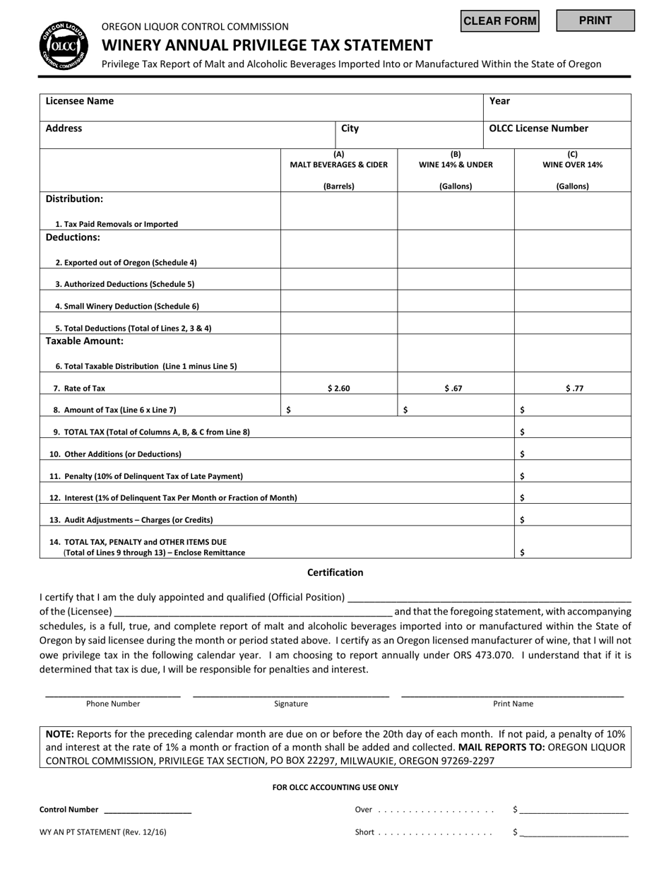 Oregon Winery Annual Privilege Tax Statement Fill Out, Sign Online