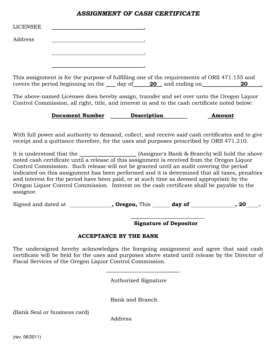 Assignment of Cash Certificate - Oregon, Page 1