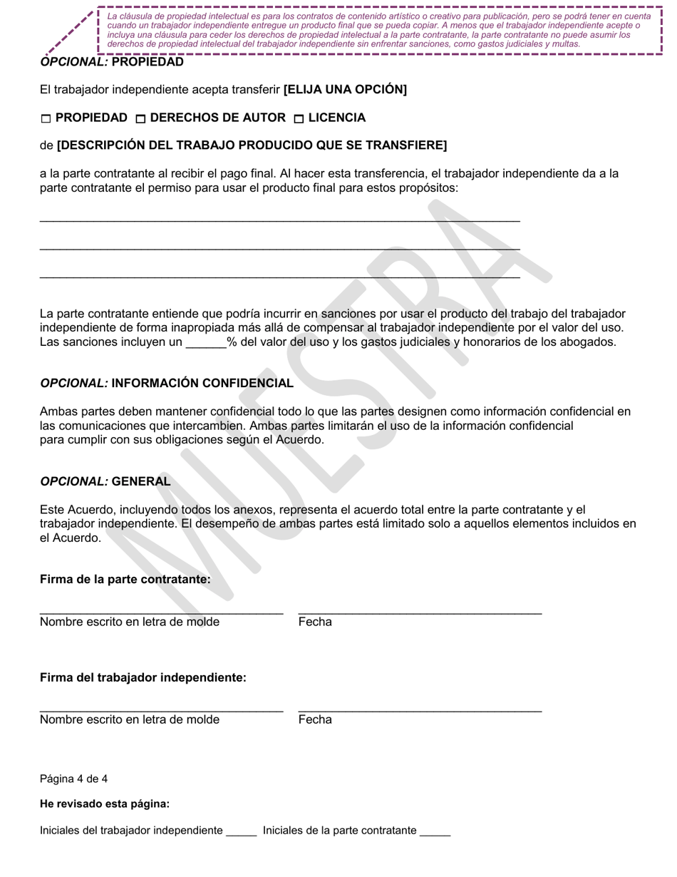 Acuerdo De Trabajo Independiente - New York City (Spanish), Page 4