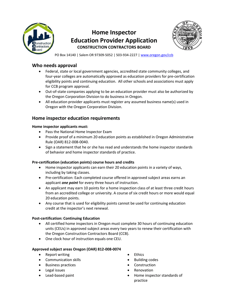 Oregon Home Inspector Education Provider Application Fill Out, Sign