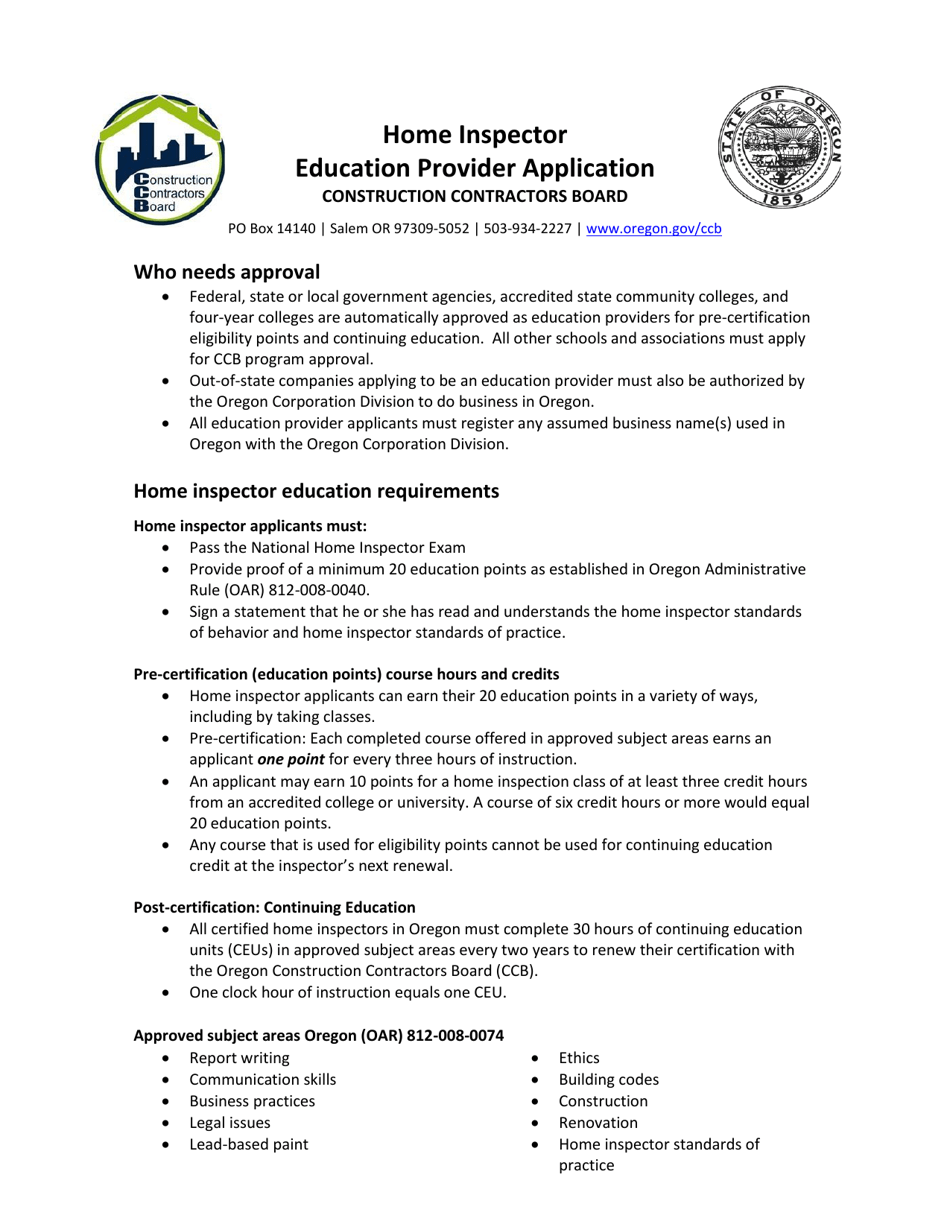 Home Inspector Education Provider Application - Oregon, Page 1