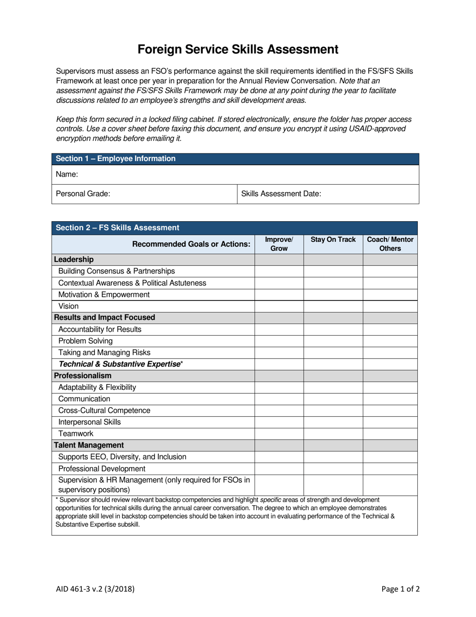 Form AID461-3 Foreign Service Skills Assessment, Page 1