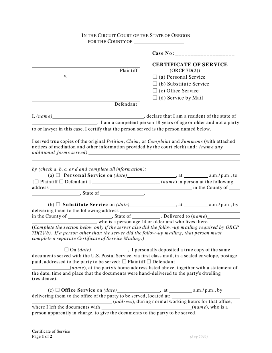 Certificate of Service - Oregon, Page 1