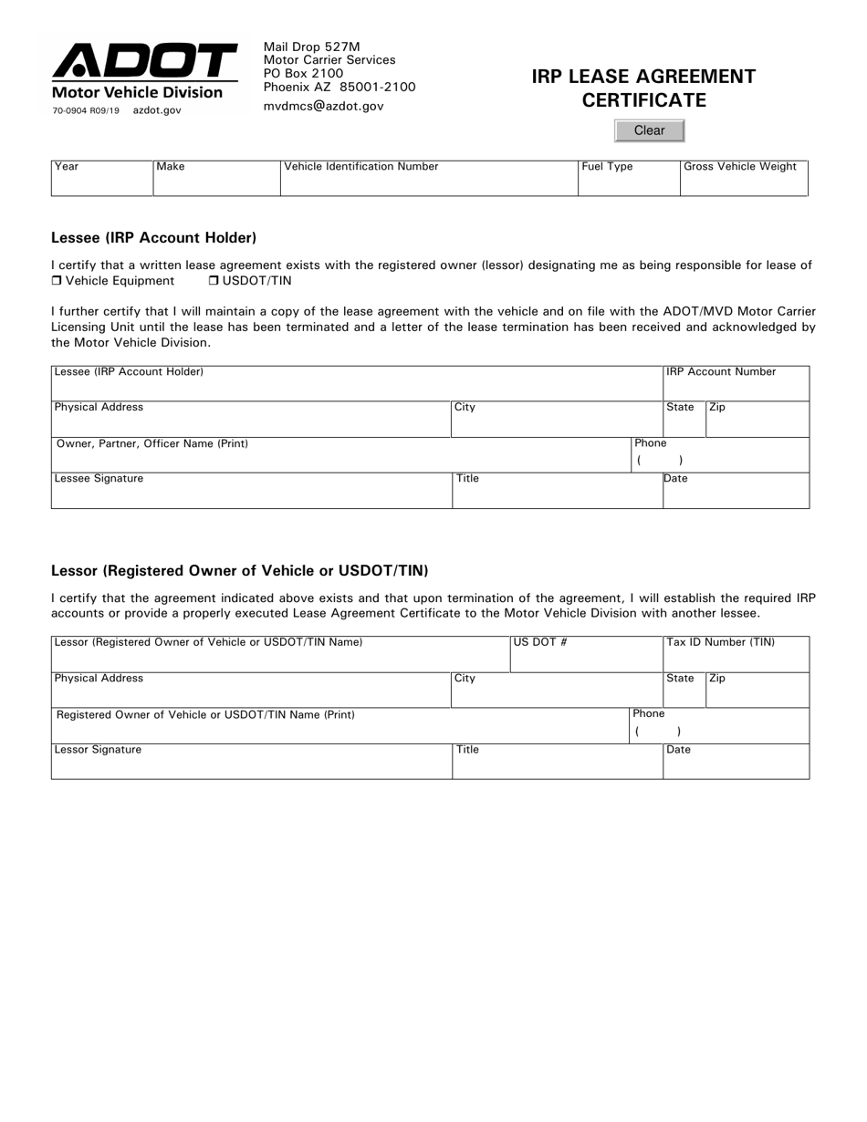 Form 70-0904 Irp Lease Agreement Certificate - Arizona, Page 1