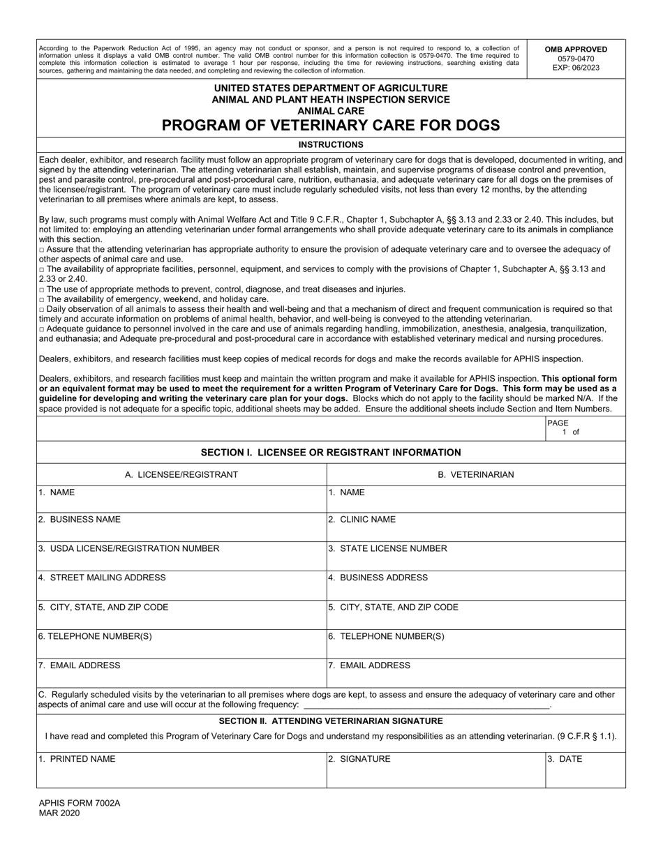 APHIS Form 7002A Animal Care - Program of Veterinary Care for Dogs, Page 1