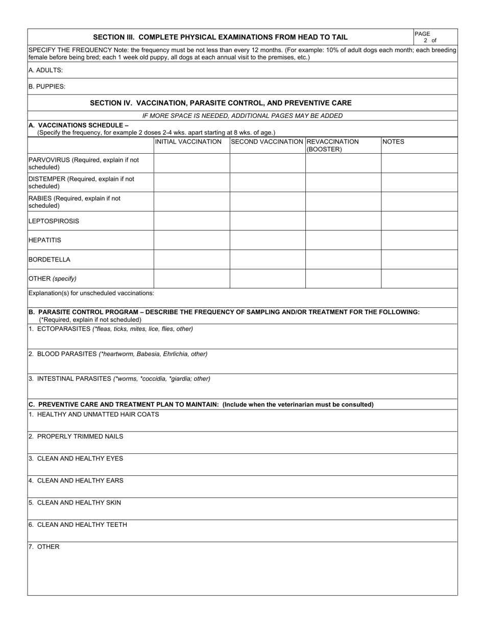 APHIS Form 7002A Animal Care - Program of Veterinary Care for Dogs, Page 2