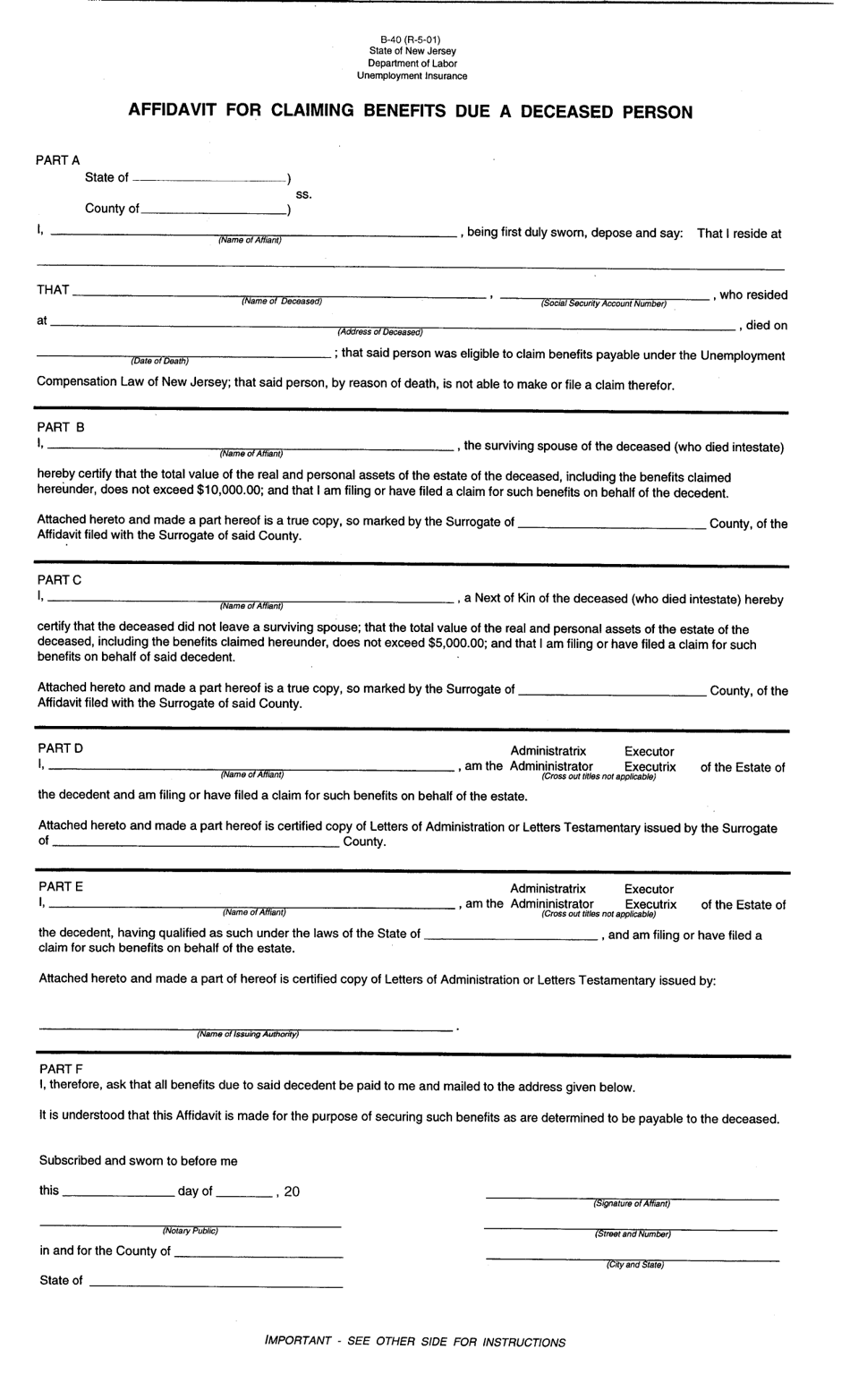 Form B-40 Affidavit for Claiming Benefits Due a Deceased Person - New Jersey, Page 1