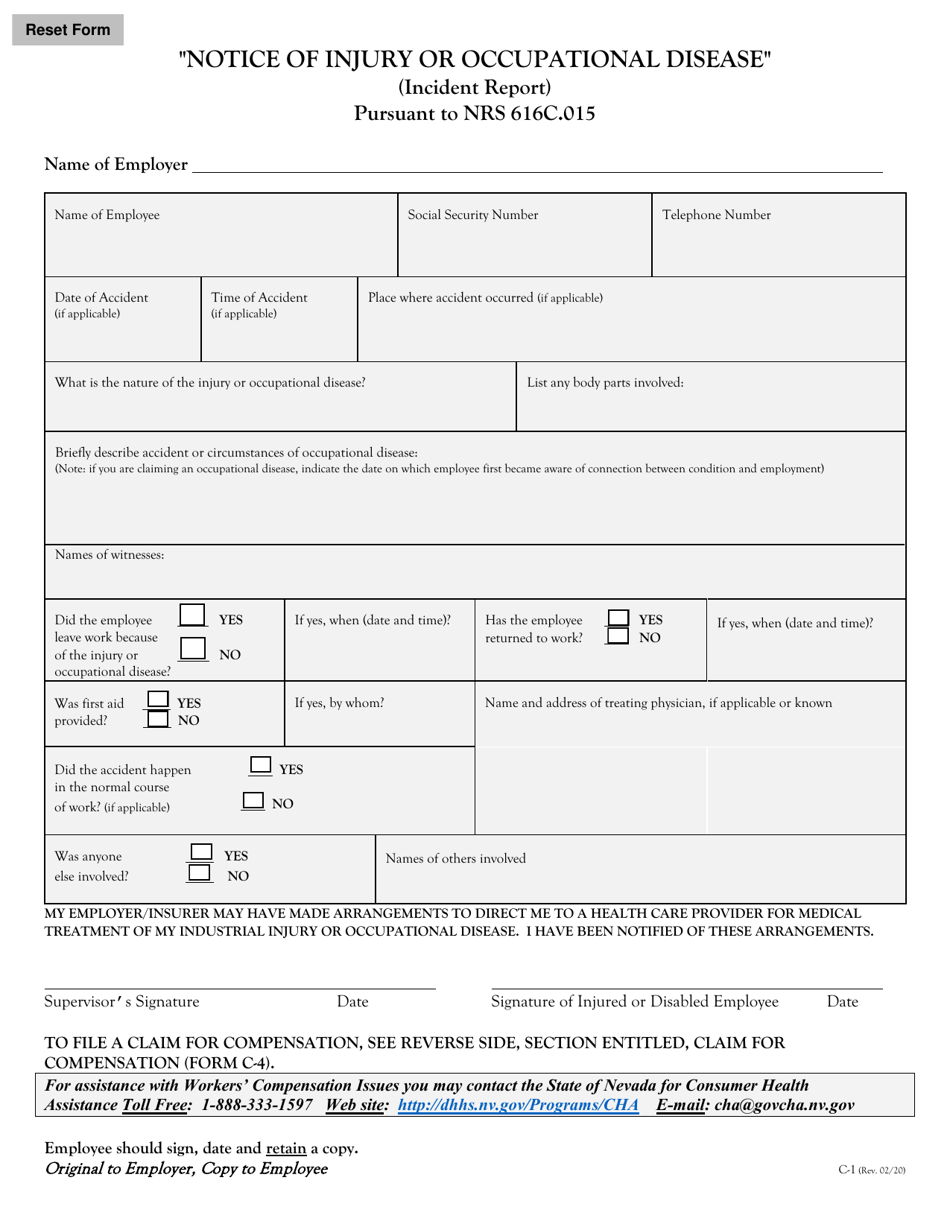 Form C-1 Notice of Injury or Occupational Disease (Incident Report) - Nevada, Page 1