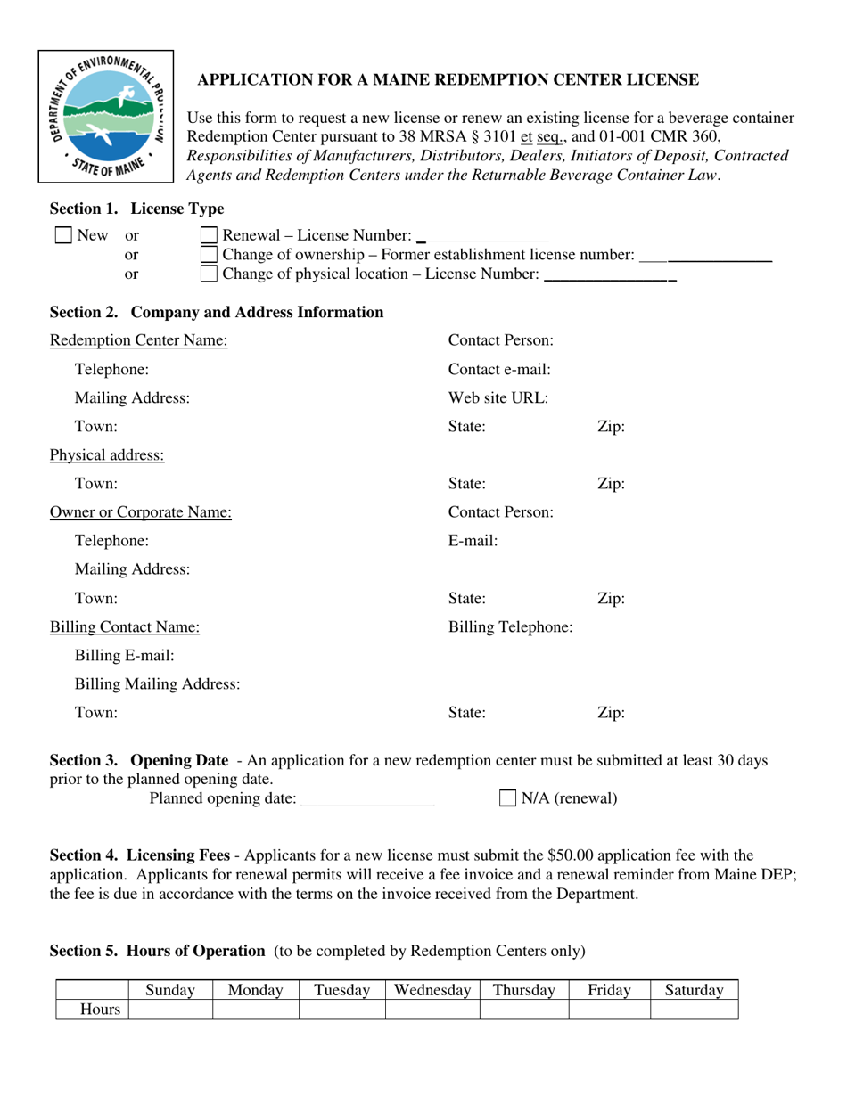 Application for a Maine Redemption Center License - Maine, Page 1