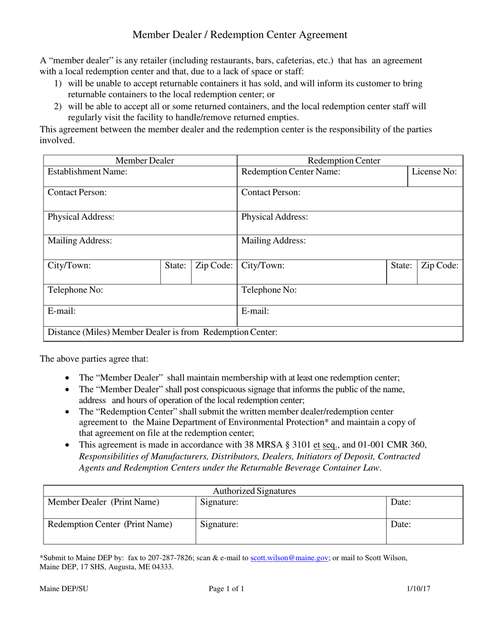 Member Dealer / Redemption Center Agreement - Maine, Page 1