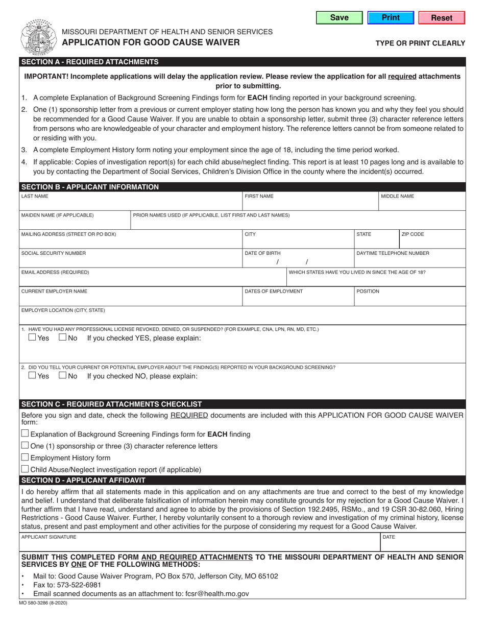 Form MO580-3286 Application for Good Cause Waiver - Missouri, Page 1