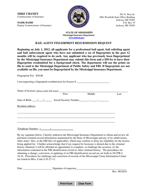Bail Agent Fingerprint Resubmission Request - Mississippi
