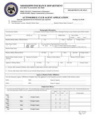 Document preview: Automobile Club Agent Application - Mississippi