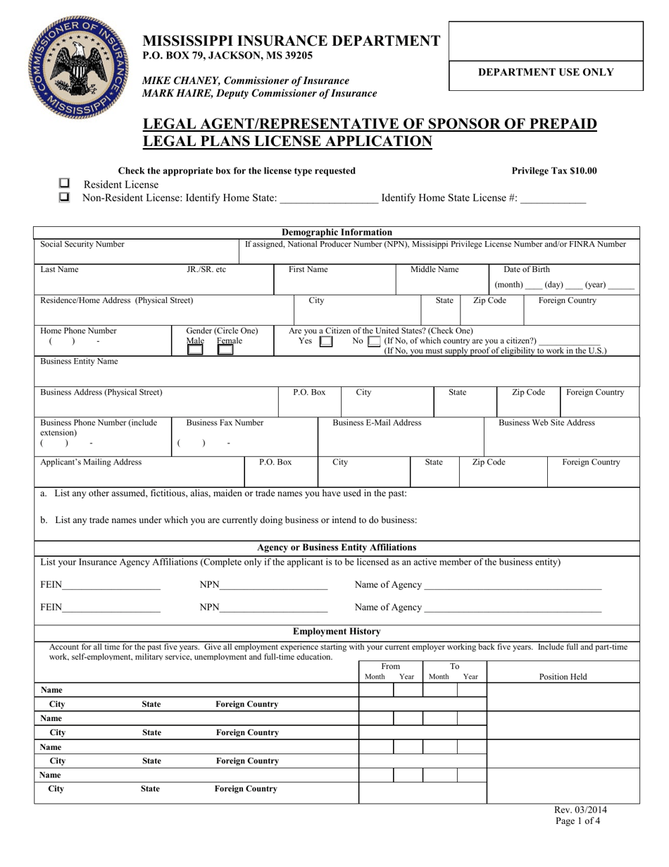 Legal Agent / Representative of Sponsor of Prepaid Legal Plans License Application - Mississippi, Page 1