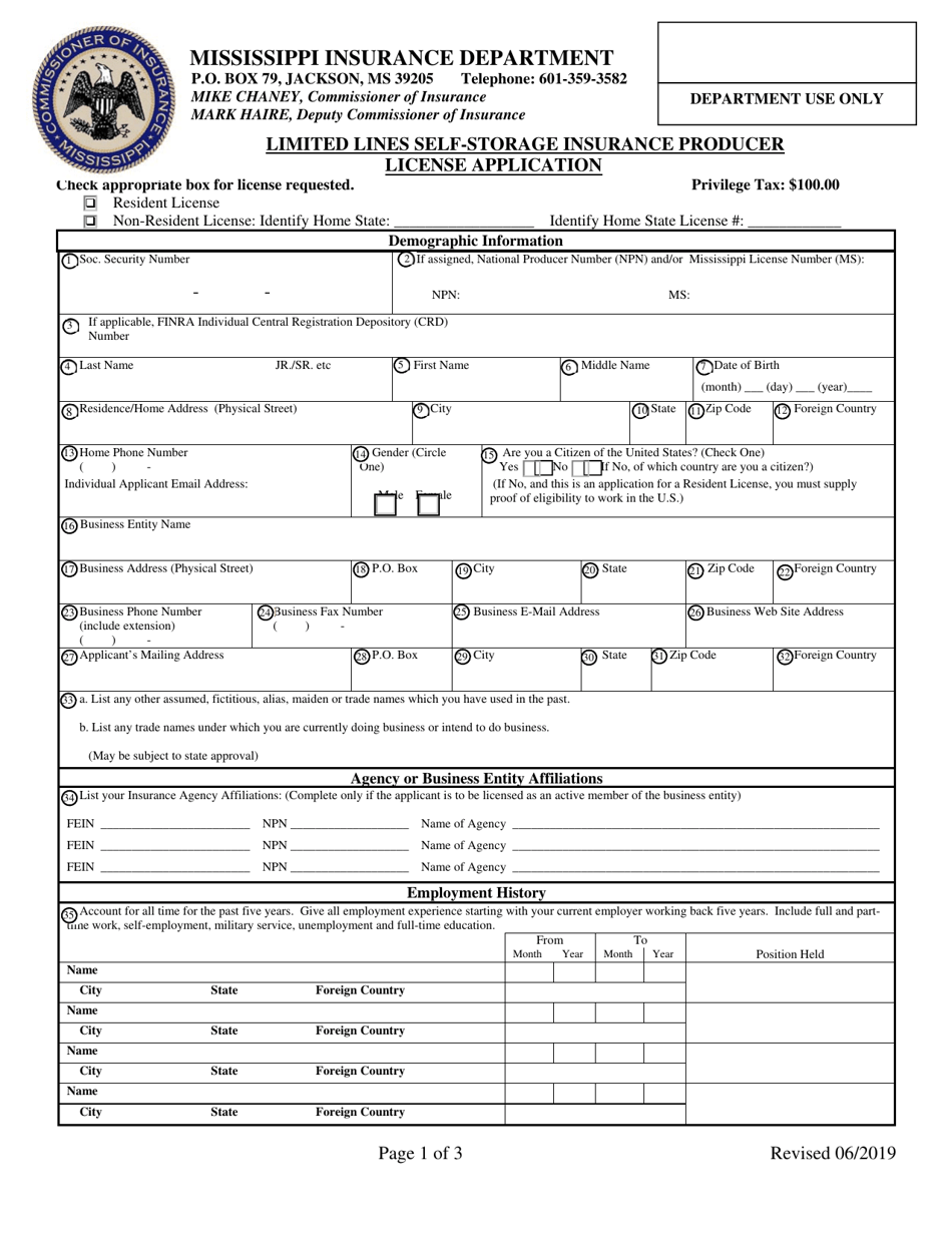Limited Lines Self-storage Insurance Producer License Application - Mississippi, Page 1