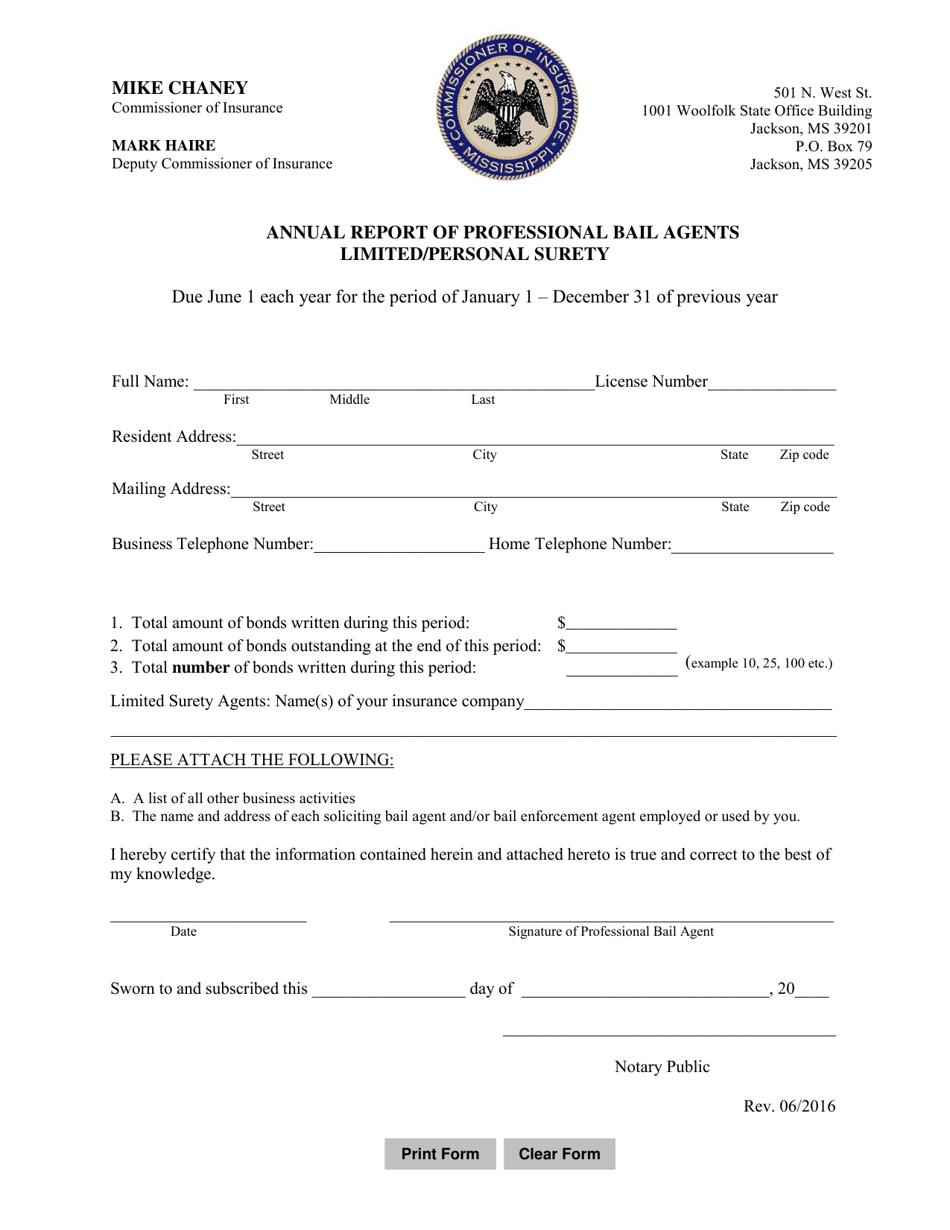 Annual Report of Professional Bail Agents - Limited / Personal Surety - Mississippi, Page 1