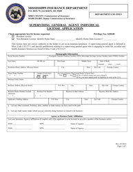 Document preview: Supervising General Agent Individual License Application - Mississippi