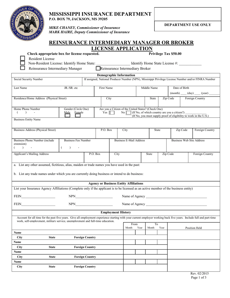 Reinsurance Intermediary Manager or Broker License Application - Mississippi, Page 1