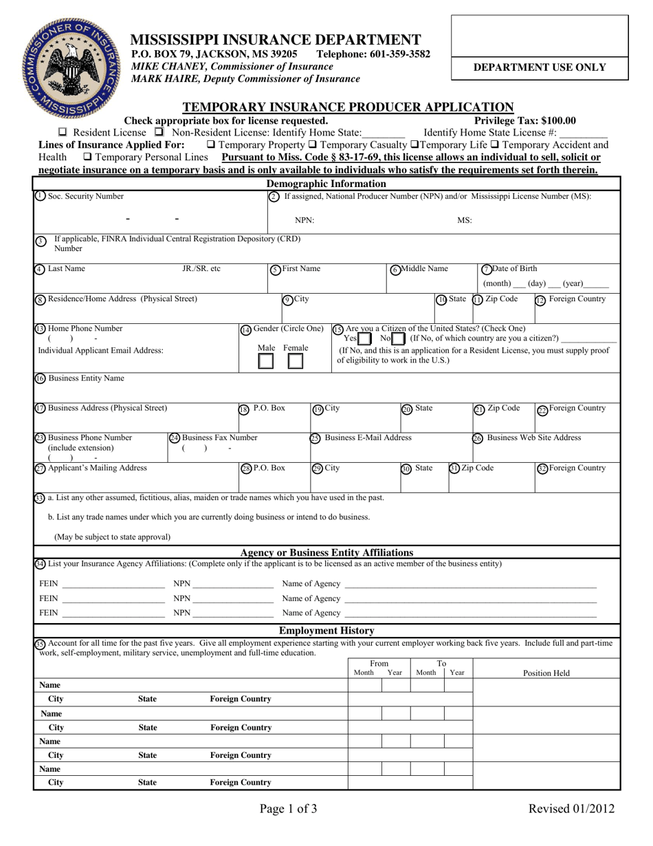 Temporary Insurance Producer Application - Mississippi, Page 1