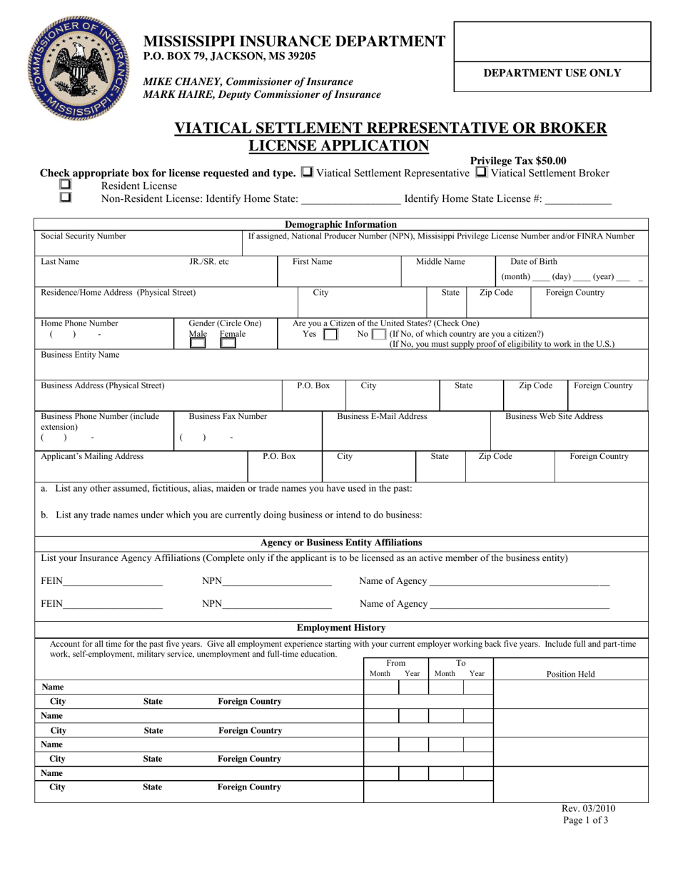 Viatical Settlement Representative or Broker License Application - Mississippi, Page 1