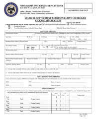 Document preview: Viatical Settlement Representative or Broker License Application - Mississippi