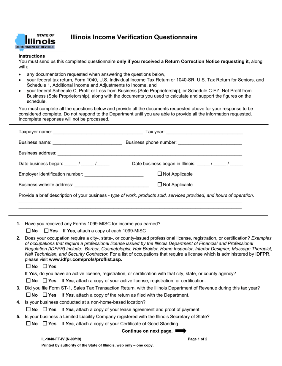 Form IL-1040-FF-IV Illinois Income Verification Questionnaire - Illinois, Page 1