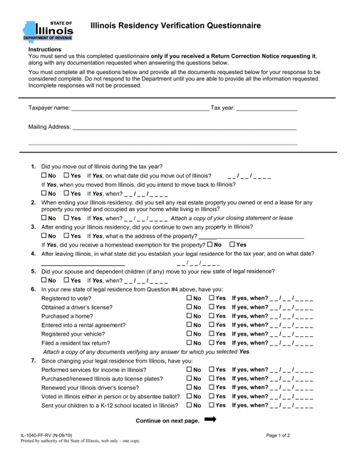 Document preview: Form IL-1040-FF-RV Illinois Residency Verification Questionnaire - Illinois