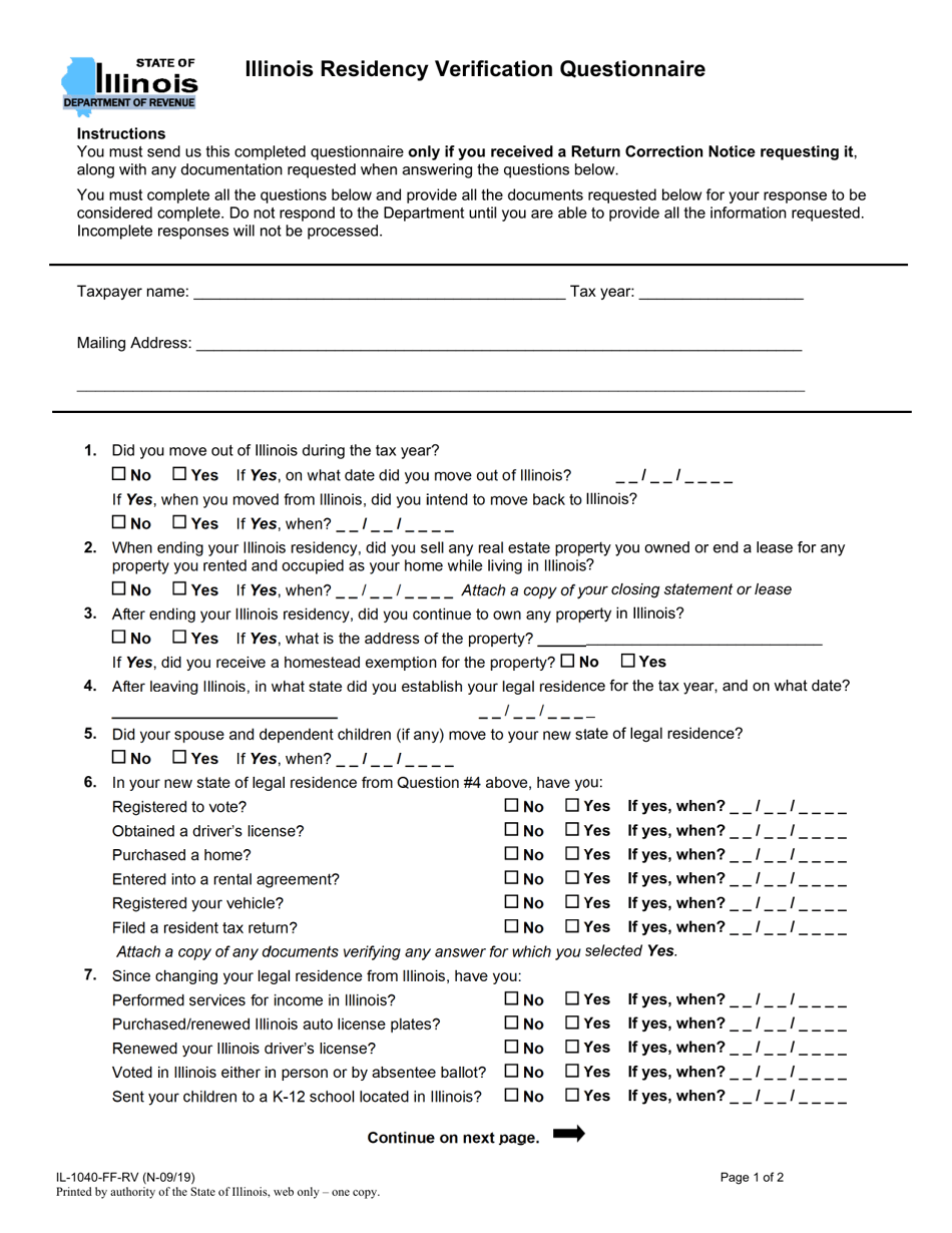 Form IL-1040-FF-RV Illinois Residency Verification Questionnaire - Illinois, Page 1