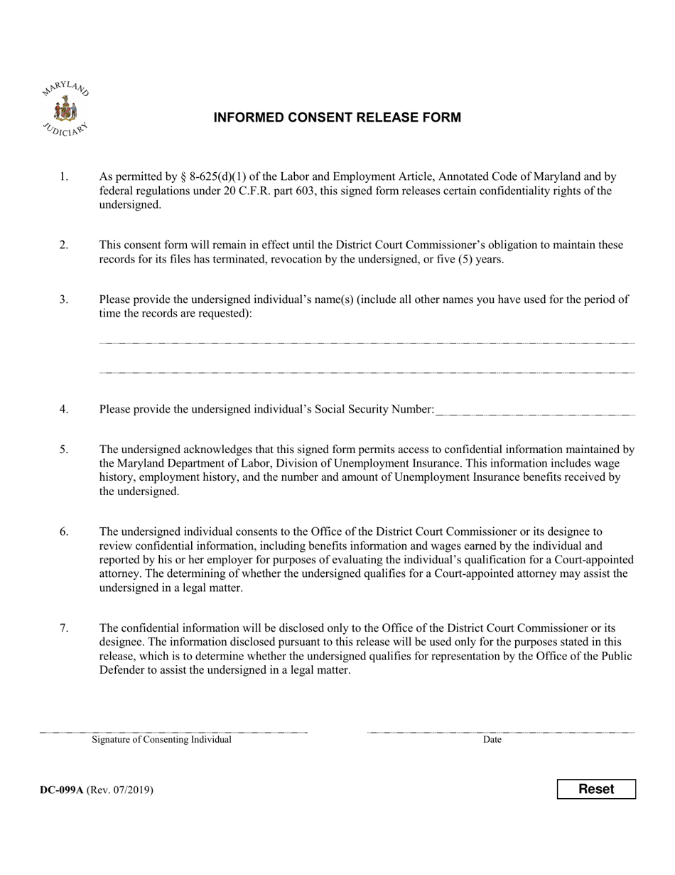 Form DC-099A Informed Consent Release Form - Maryland, Page 1