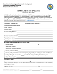 Document preview: Form HCD EH214 Certificate of Non-operation - California
