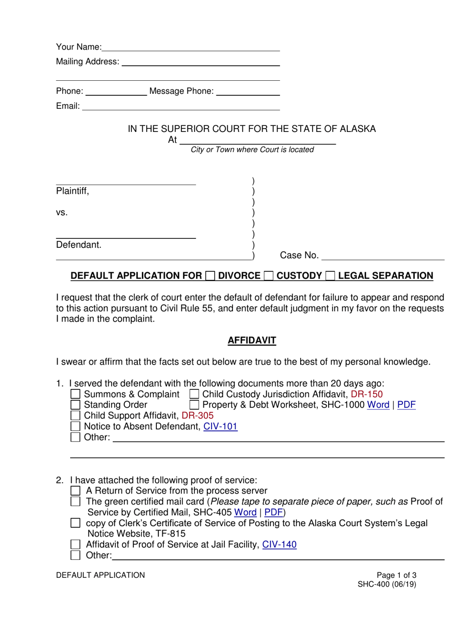 Form SHC-400 Default Application - Alaska, Page 1
