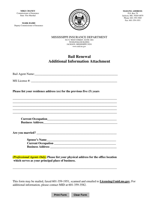 Bail Renewal Additional Information Attachment - Mississippi Download Pdf