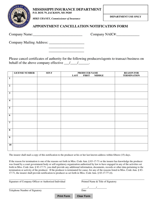 Appointment Cancellation Notification Form - Mississippi
