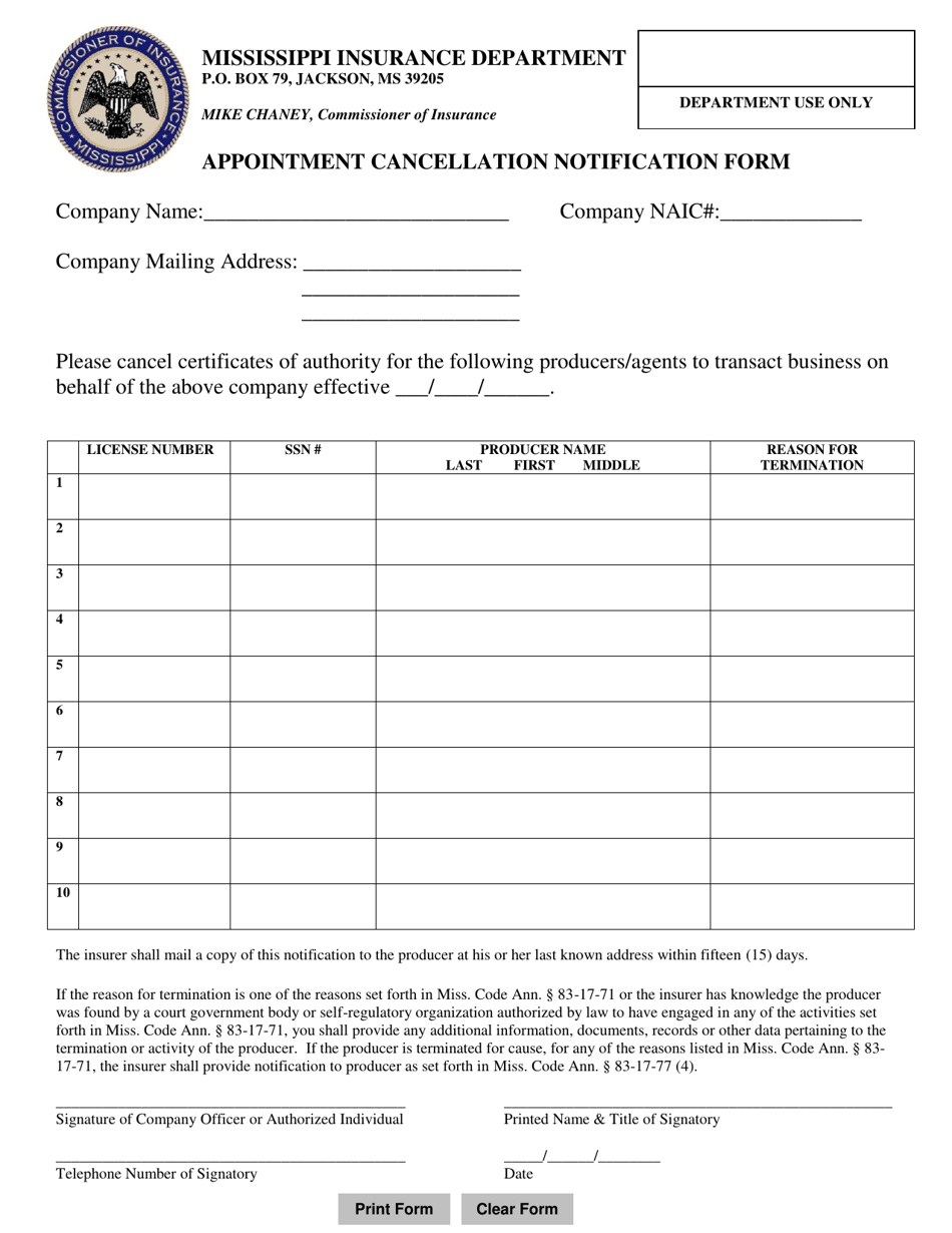 Appointment Cancellation Notification Form - Mississippi, Page 1