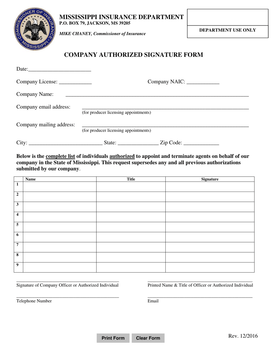Company Authorized Signature Form - Mississippi, Page 1