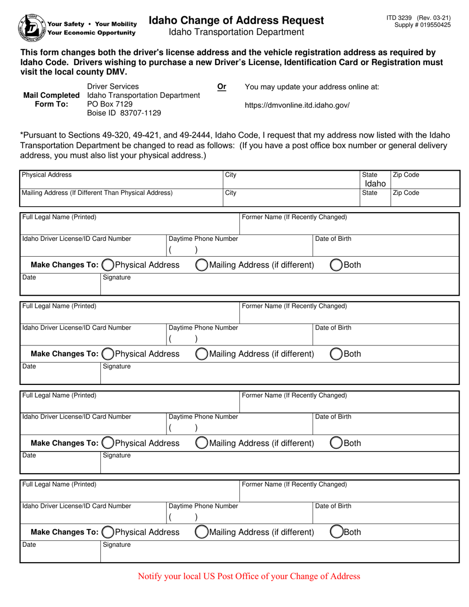 Form ITD3239 Download Fillable PDF or Fill Online Idaho Change of