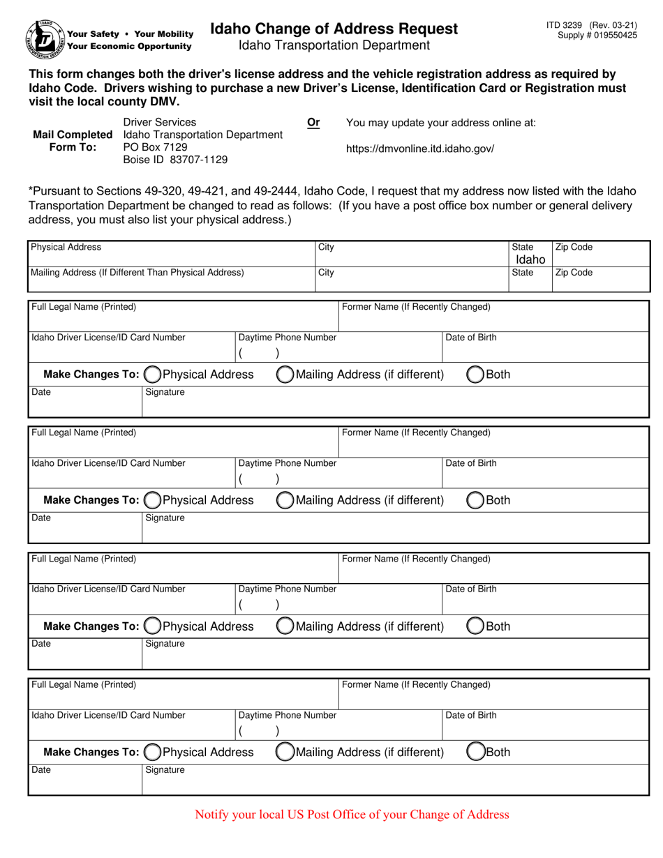 Form ITD3239 Idaho Change of Address Request - Idaho, Page 1