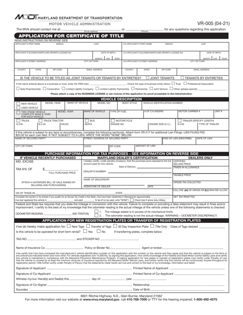 Form VR-005 Application for Certificate of Title - Maryland