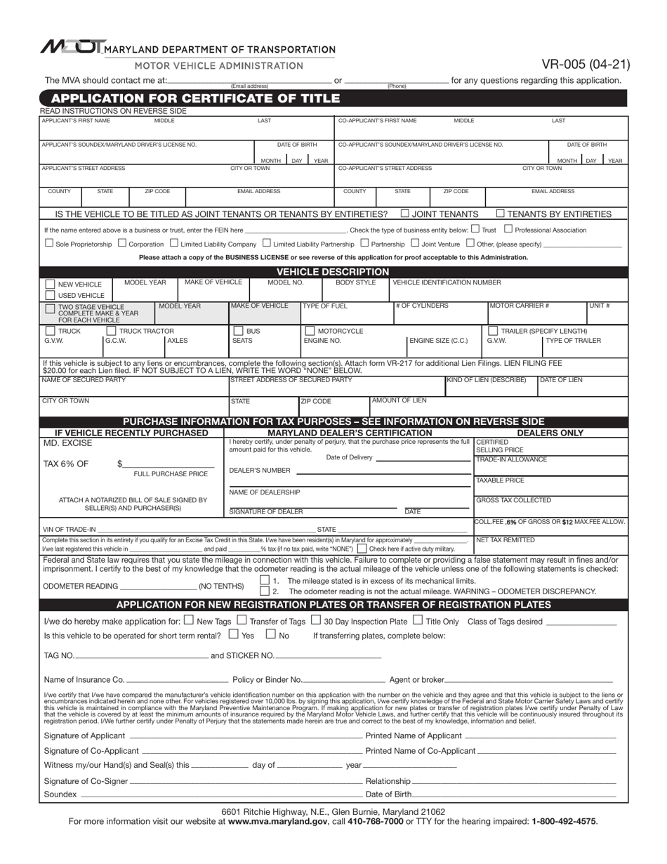Form VR-005 Application for Certificate of Title - Maryland, Page 1
