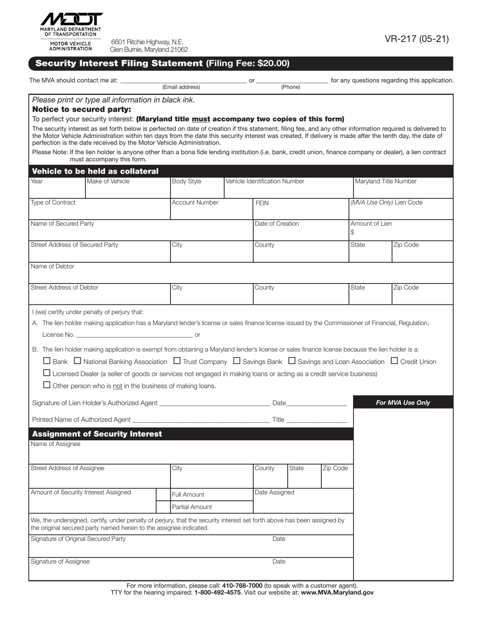Form VR-217 Security Interest Filing Statement - Maryland, Page 1