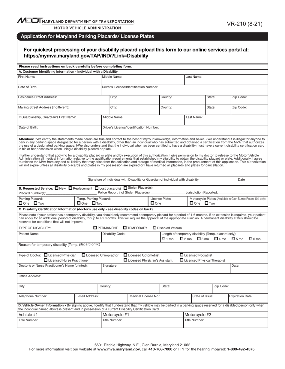 Form VR-210 Application for Maryland Parking Placards/License Plates - Maryland, Page 1
