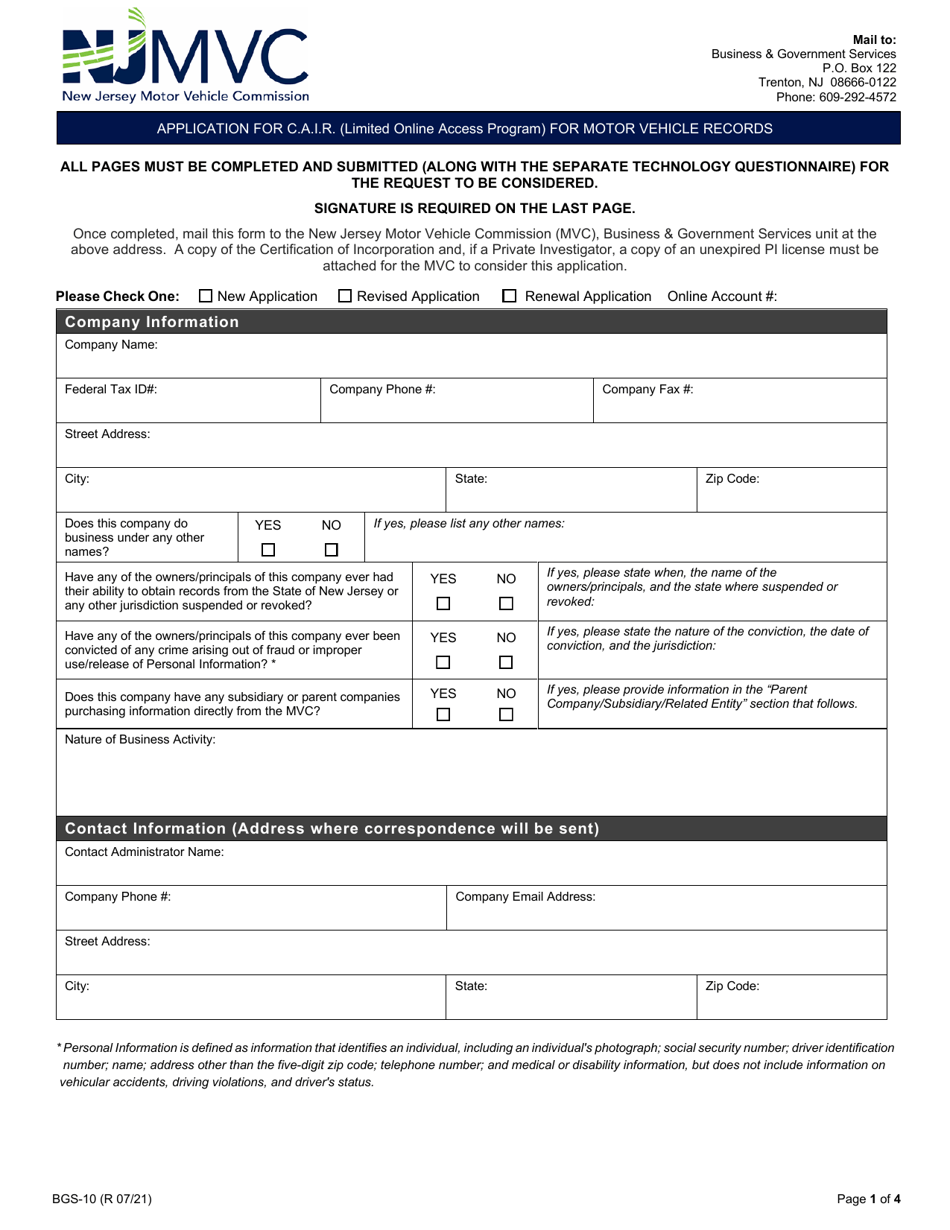 Form BGS-10 Application for C.a.i.r. (Limited Online Access Program) for Motor Vehicle Records - New Jersey, Page 1