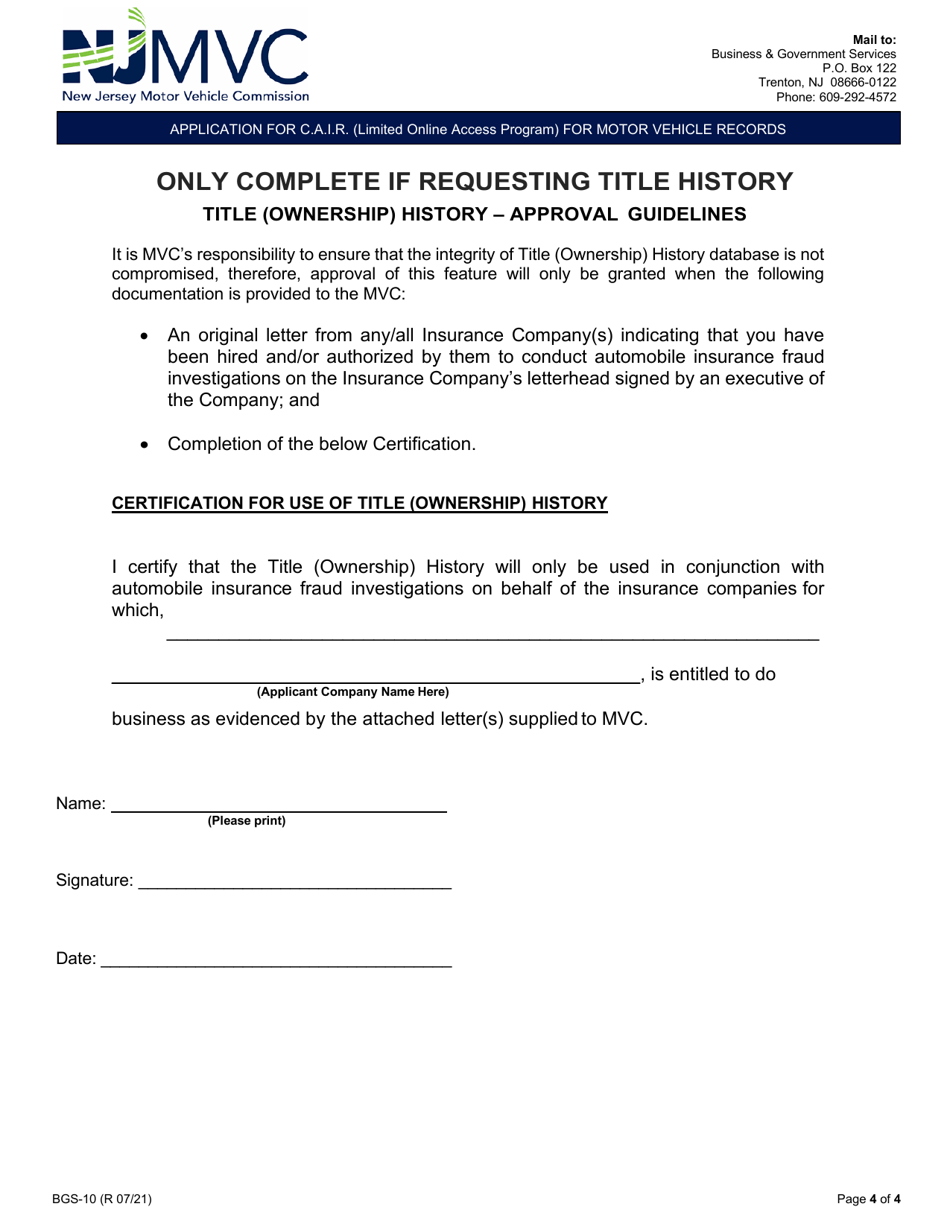 Form BGS-10 Application for C.a.i.r. (Limited Online Access Program) for Motor Vehicle Records - New Jersey, Page 4