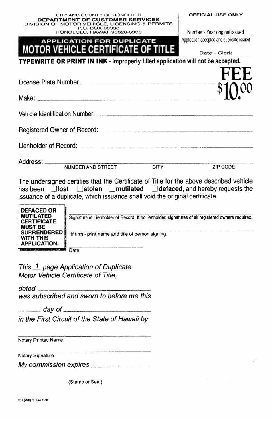 Form CSL(MVR)10 Fill Out, Sign Online and Download Fillable PDF