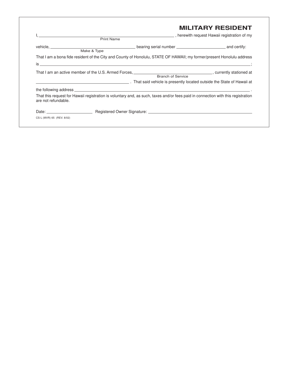 Form CSL(MVR)65 Fill Out, Sign Online and Download Fillable PDF