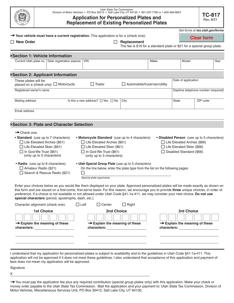 Form TC817 Download Fillable PDF or Fill Online Application for